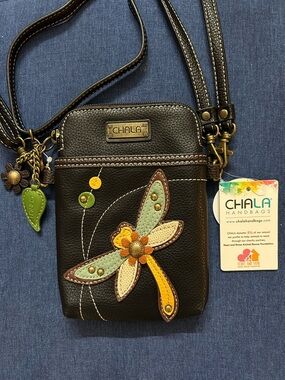 Chala Brown Crossbody Shoulder Bag with Yellow & Mint Dragonfly Appliqué